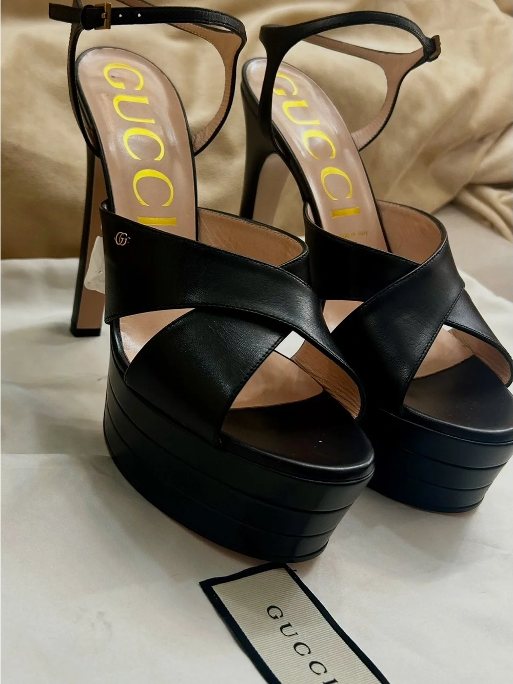 Gucci Black Leather Platform Sandals with Ankle Strap